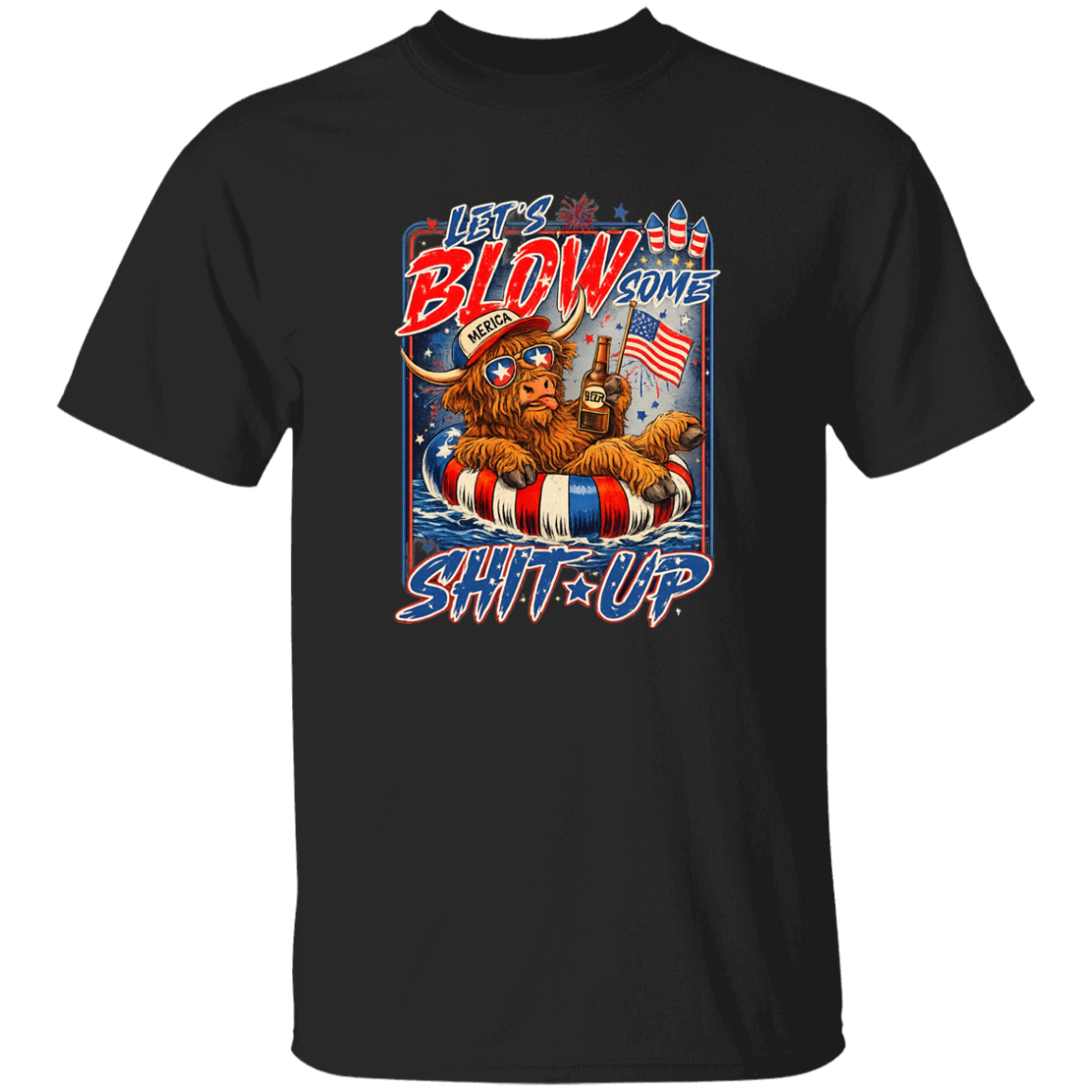 Black t-shirt with a graphic design featuring a bear, American flag, and text on a white background.