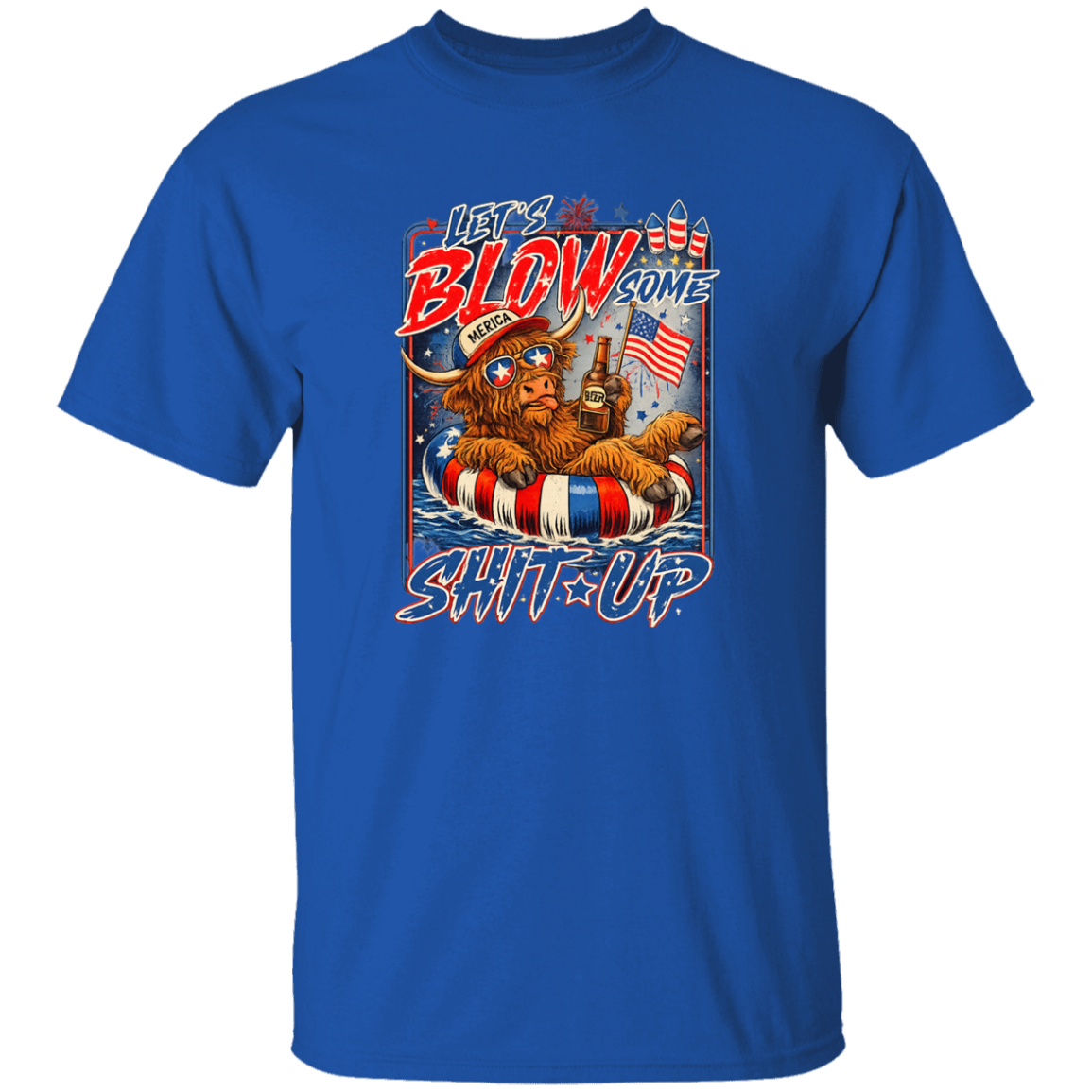 Blue t-shirt with a graphic design featuring a bear, American flag, and text on a white background