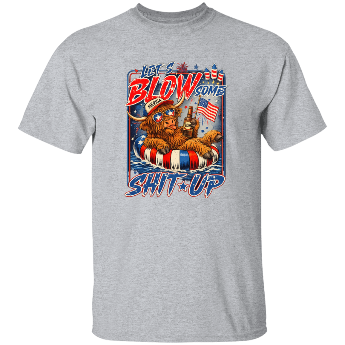 Gray t-shirt with a graphic design featuring a bear, American flag, and text on a white background