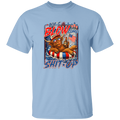 Light blue t-shirt with a graphic design featuring a bear, American flag, and text on a white background.