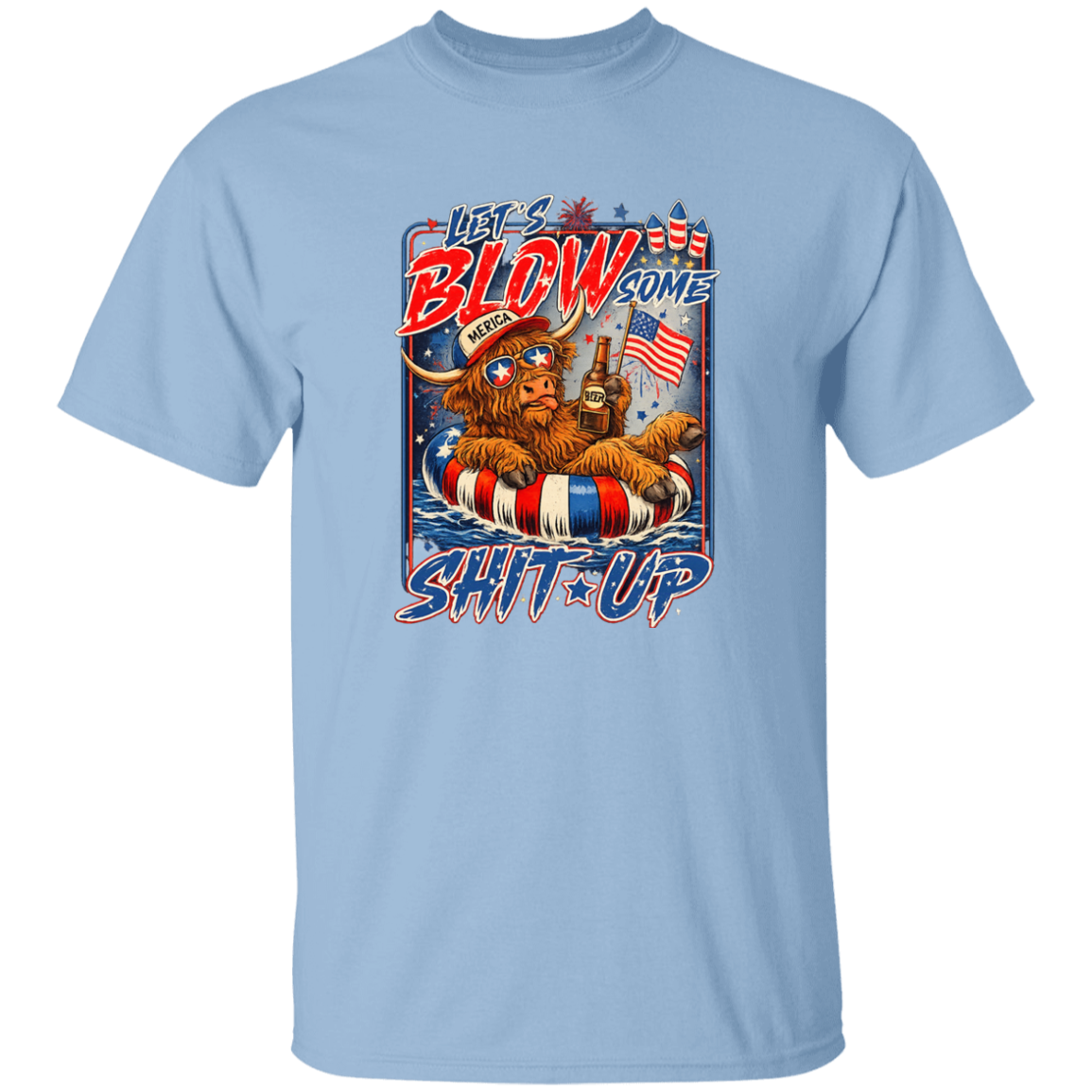 Light blue t-shirt with a graphic design featuring a bear, American flag, and text on a white background.