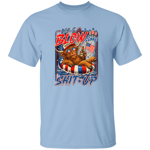 Light blue t-shirt with a graphic design featuring a bear, American flag, and text on a white background.