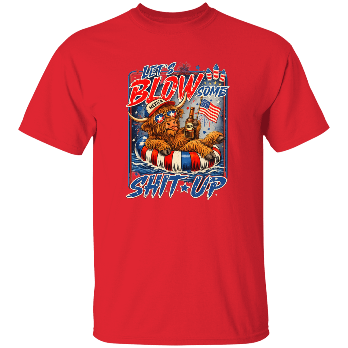Red t-shirt with a graphic design featuring a dog, American flag, and text on a white background