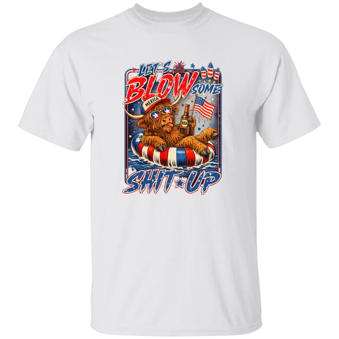 White t-shirt with a graphic design featuring a bear, American flag, and text on a white background
