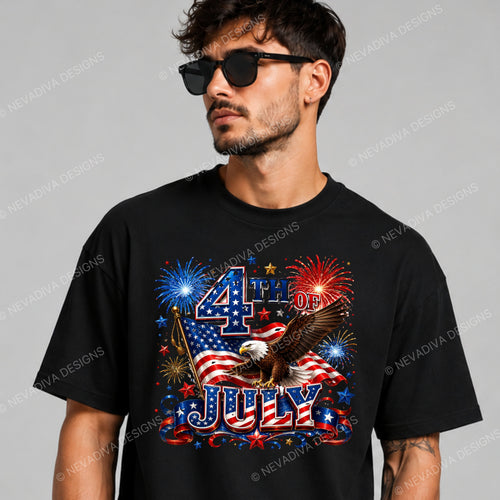 Man wearing a black t-shirt with a 4th of July design featuring an eagle, American flag, and fireworks.
