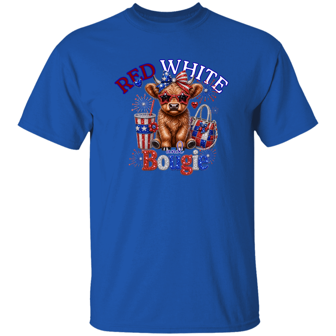 Blue t-shirt with a cow graphic and 'Red White & Bougie' text on a white background