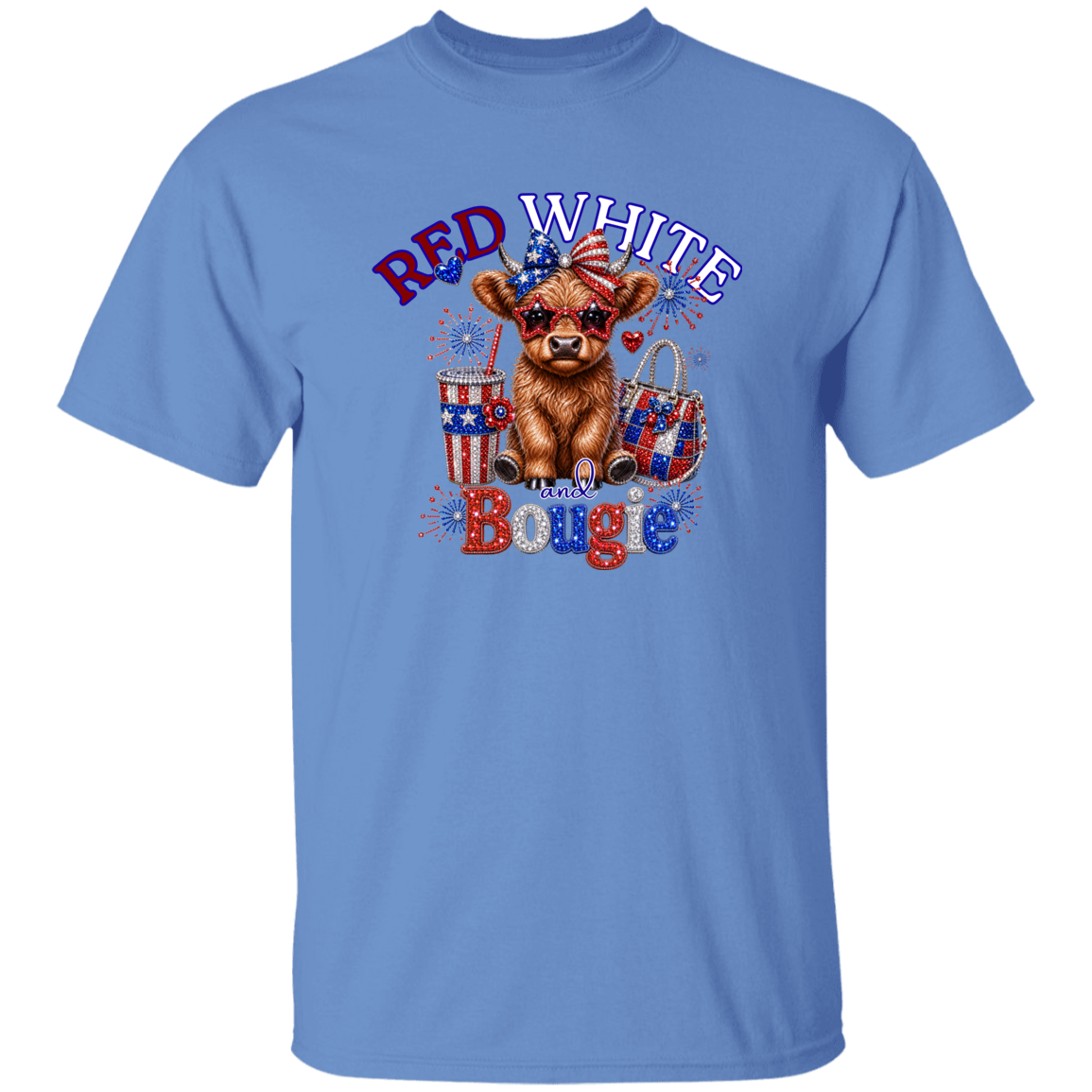 Blue t-shirt with a cow graphic and 'Red White Bougie' text on a white background