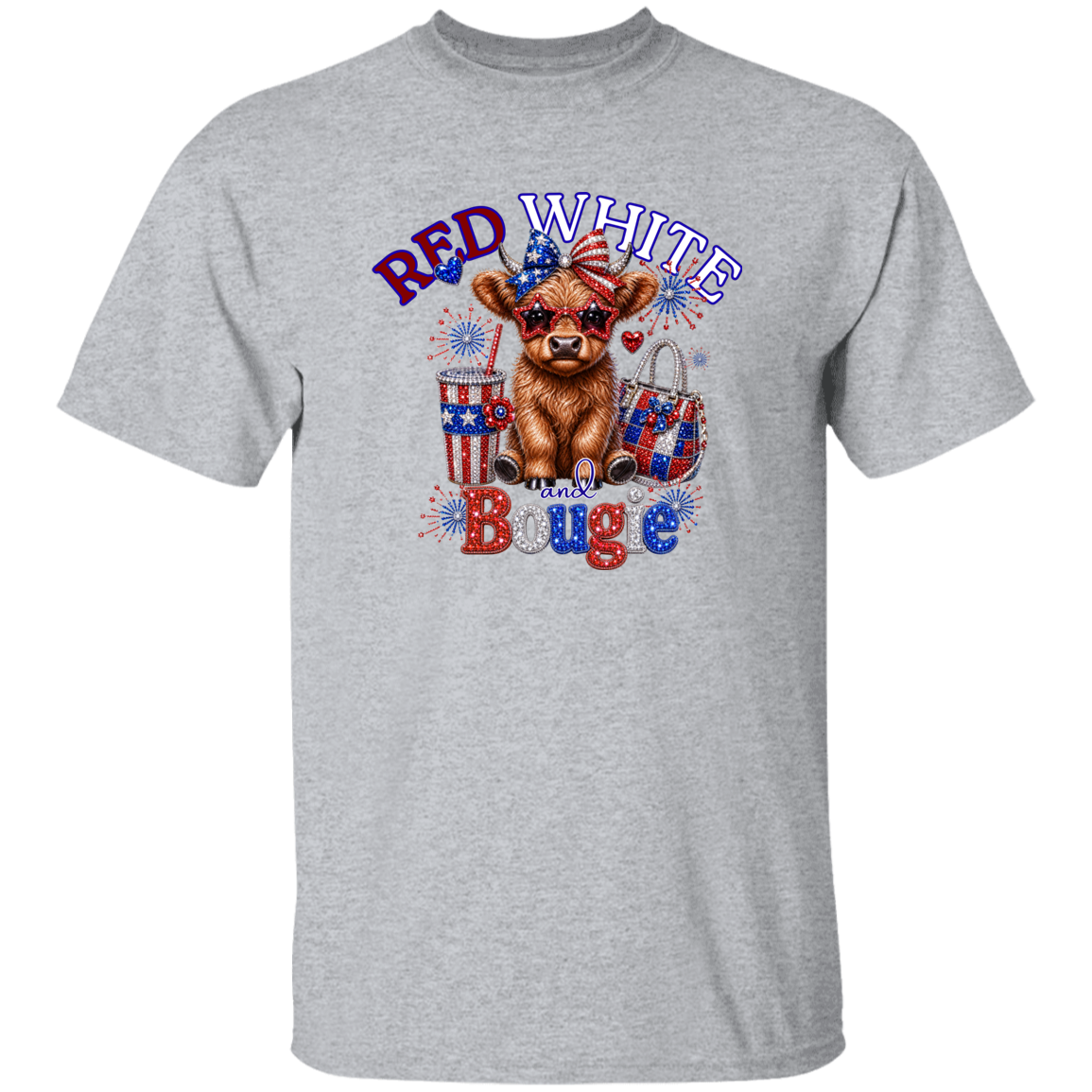 Gray t-shirt with a cow graphic and 'Red White and Bougie' text on a white background