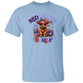 Light blue t-shirt with a cow graphic and 'Red White and Bougie' text on a white background