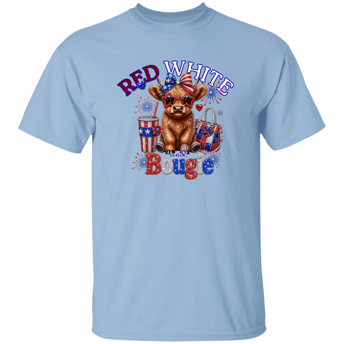 Light blue t-shirt with a cow graphic and 'Red White and Bougie' text on a white background