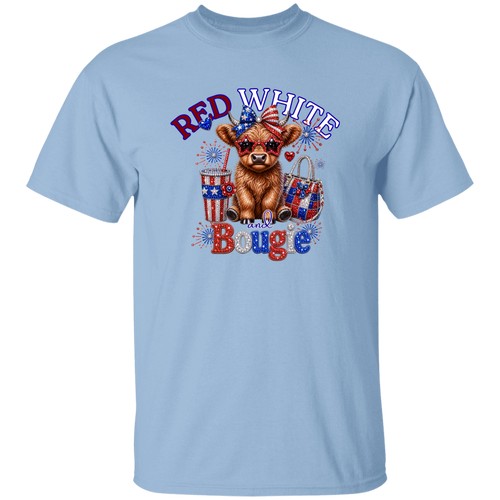 Light blue t-shirt with a cow graphic and 'Red White and Bougie' text on a white background