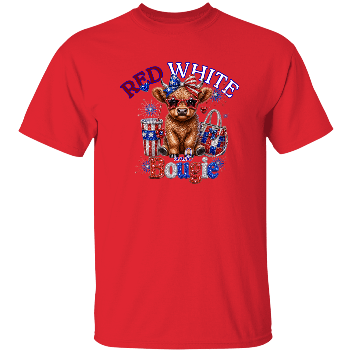 Red t-shirt with a cow graphic and 'Red White & Bougie' text on a white background