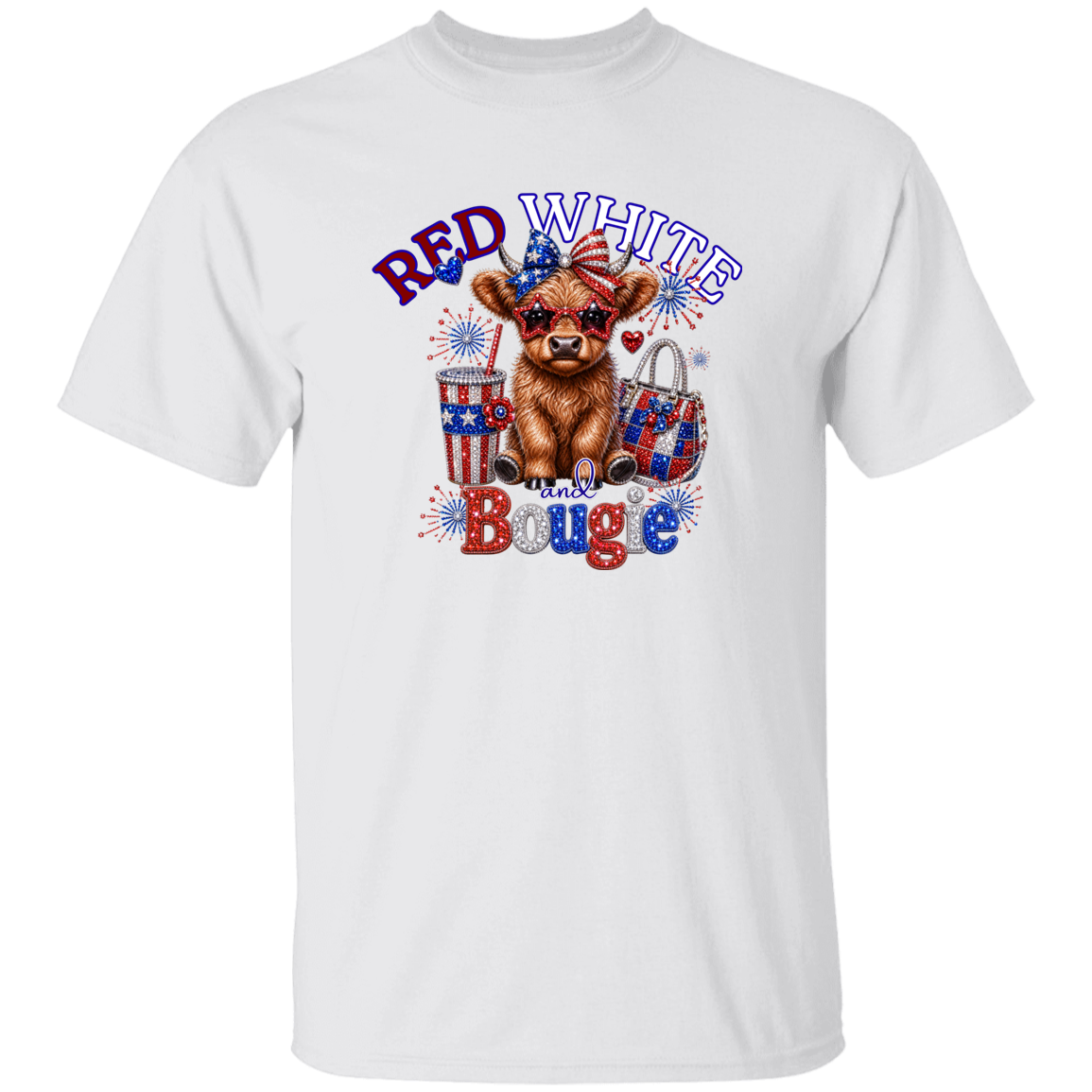 White t-shirt with a cow graphic and 'Red White and Bougie' text on a white background