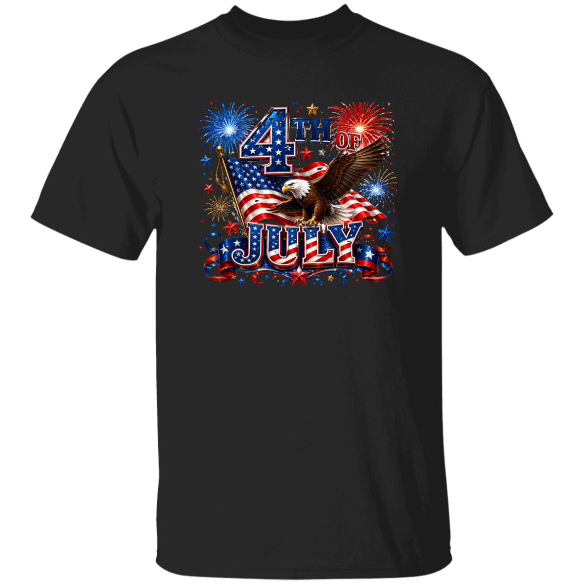 black t-shirt with 4th of July design featuring an eagle, American flag, and fireworks.