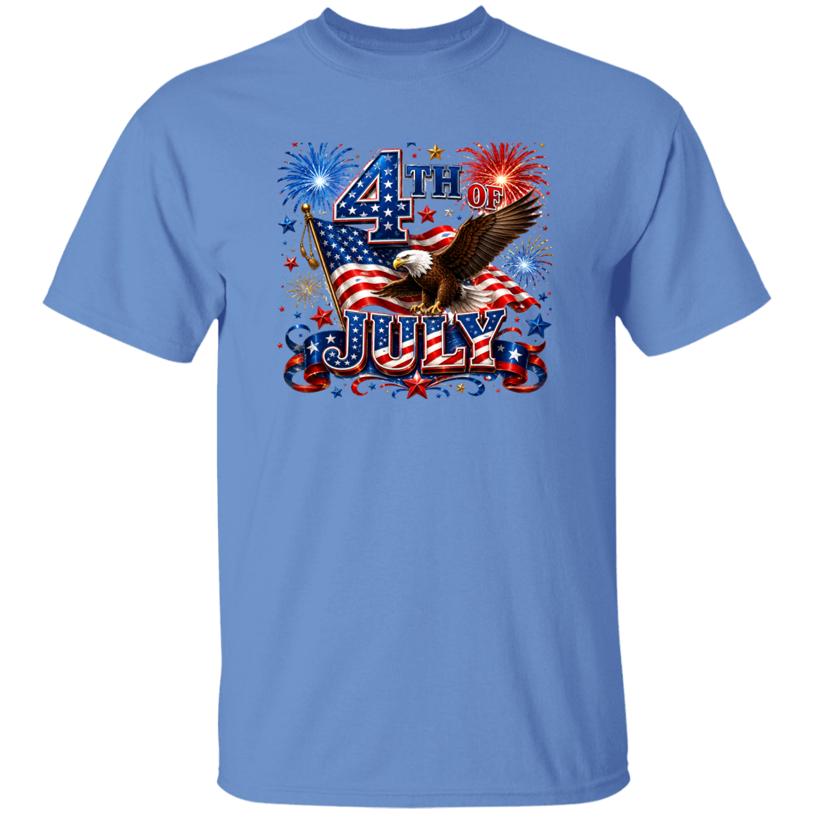 carolina blue t-shirt with 4th of July design featuring an eagle, American flag, and fireworks.