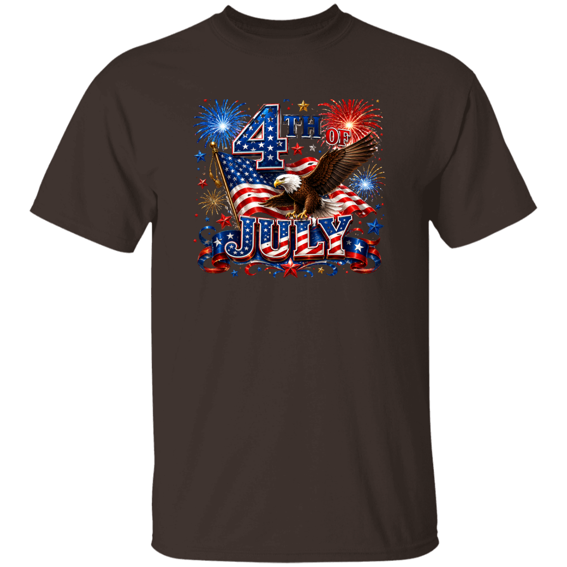 Dark chocolate t-shirt with 4th of July design featuring an eagle, American flag, and fireworks.