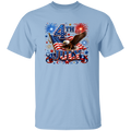 light blue t-shirt with 4th of July design featuring an eagle, American flag, and fireworks.