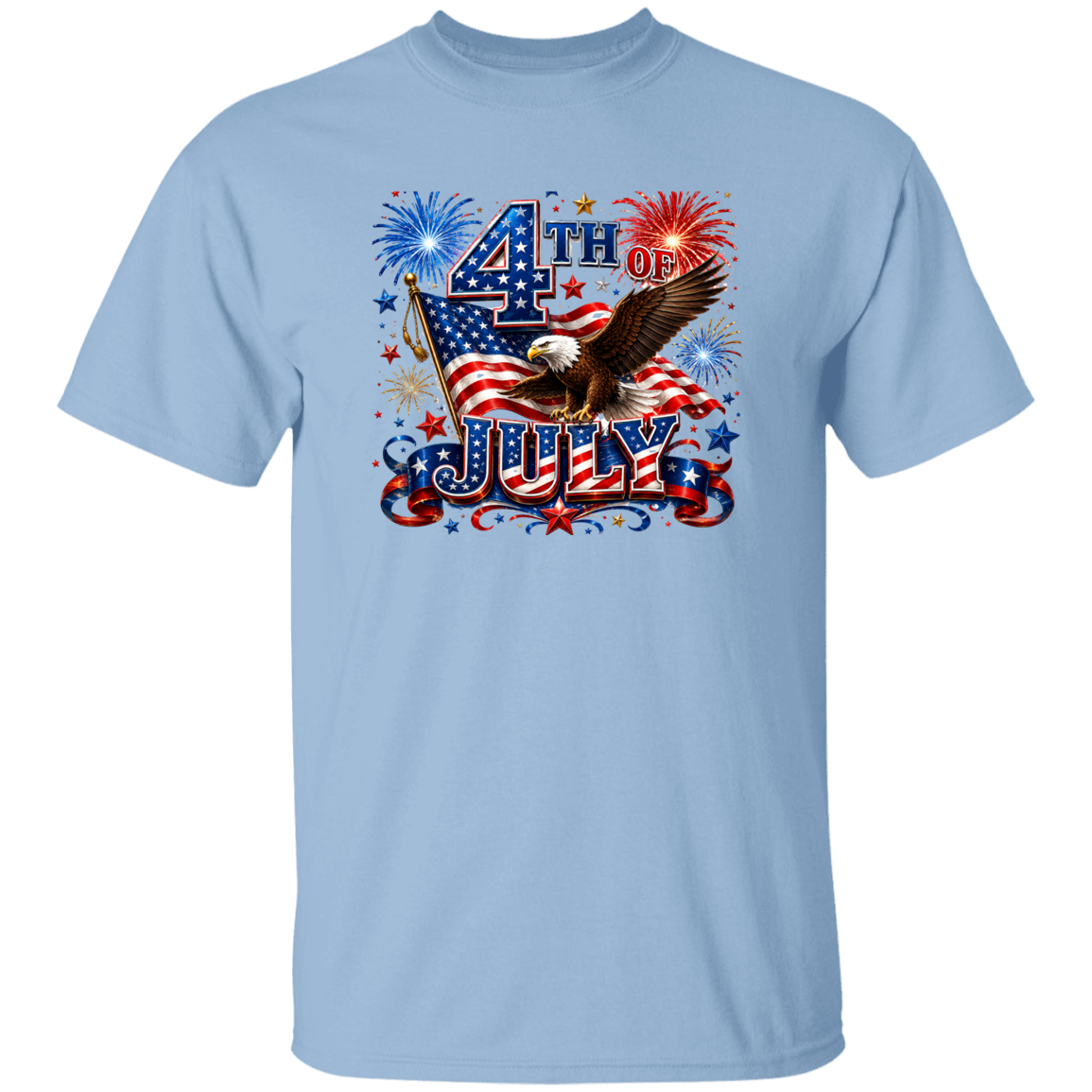 light blue t-shirt with 4th of July design featuring an eagle, American flag, and fireworks.