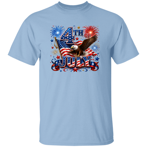 light blue t-shirt with 4th of July design featuring an eagle, American flag, and fireworks.