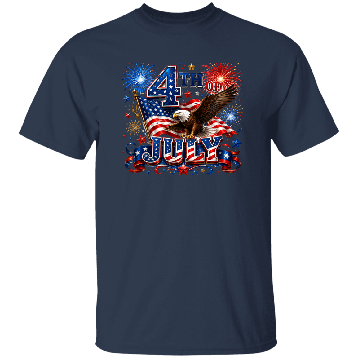 Navy t-shirt with 4th of July design featuring an eagle, American flag, and fireworks.