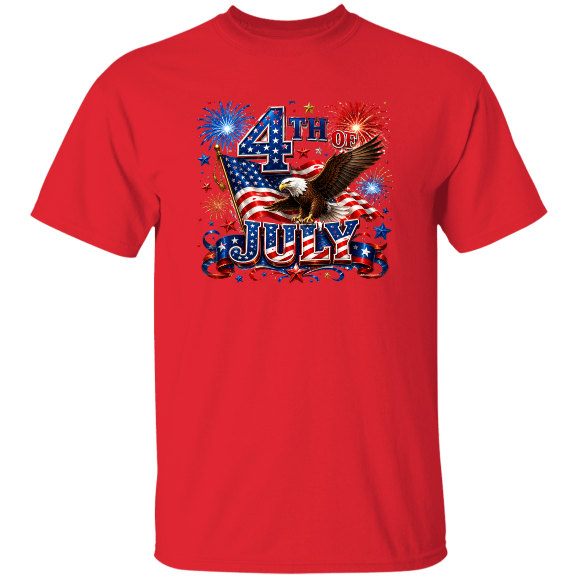 Red t-shirt with 4th of July design featuring an eagle, American flag, and fireworks.