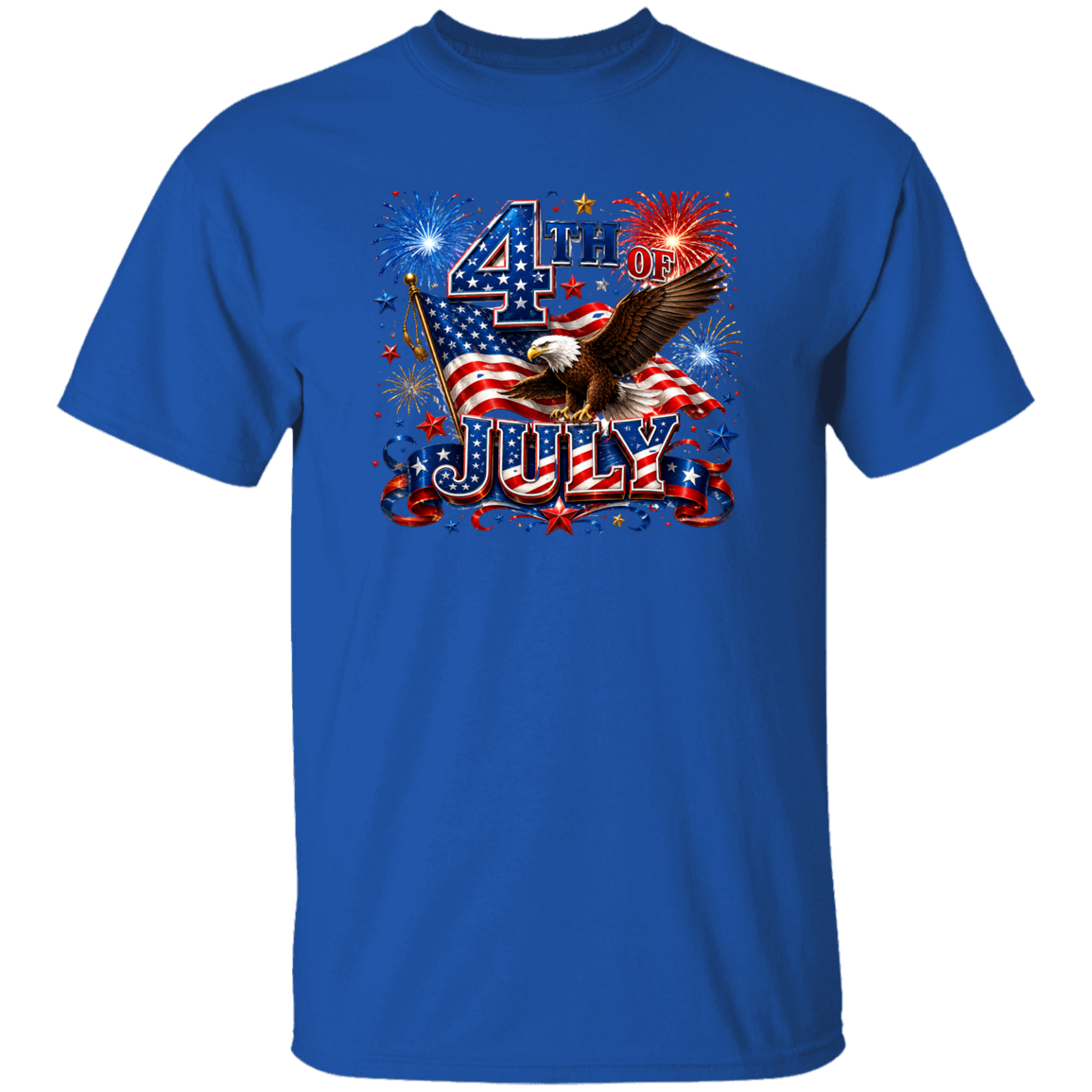 Royal t-shirt with 4th of July design featuring an eagle, American flag, and fireworks.