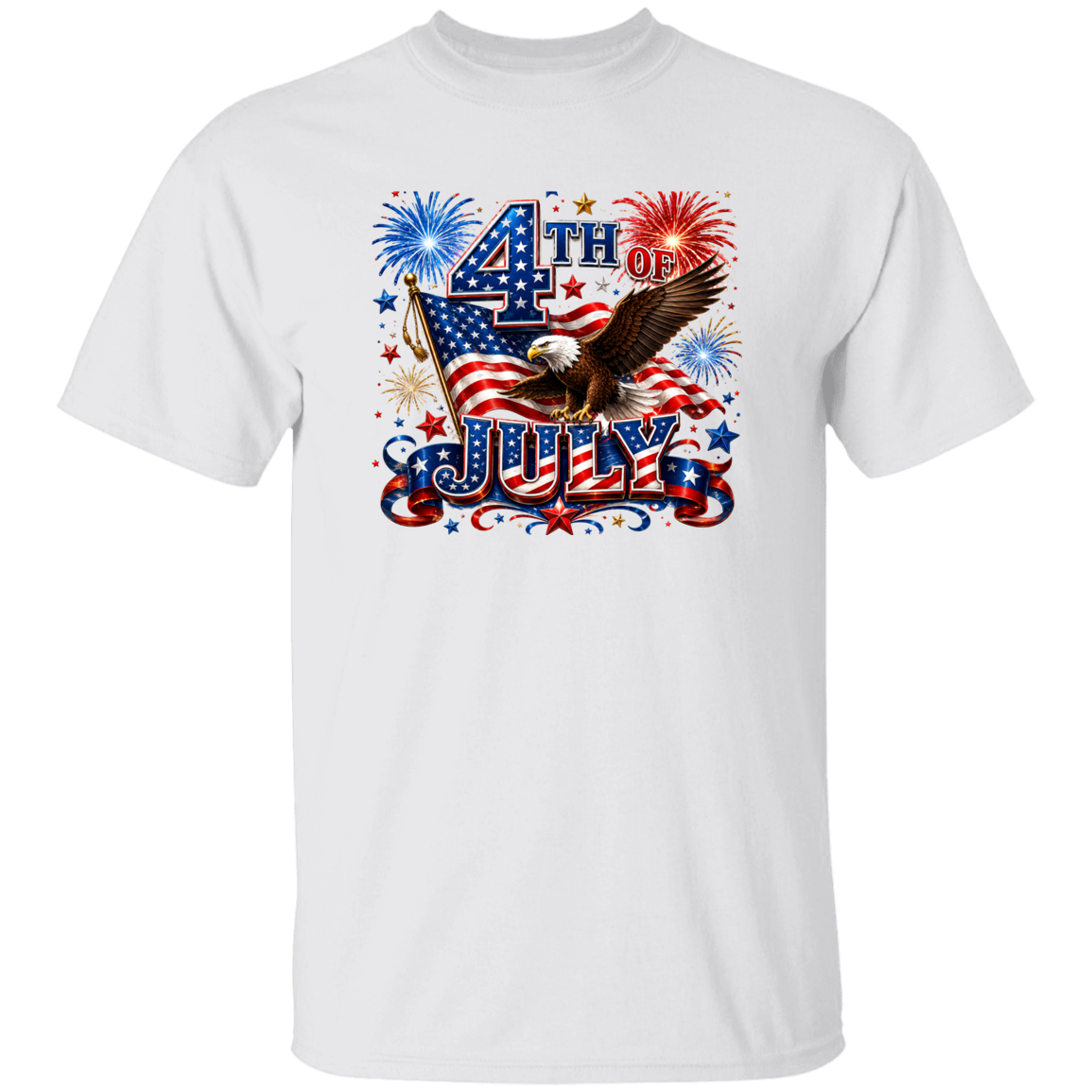 white t-shirt with 4th of July design featuring an eagle, American flag, and fireworks.