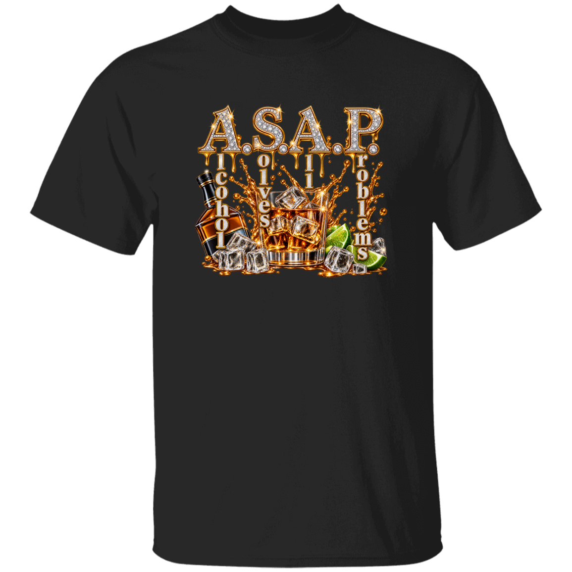 A black short-sleeve crewneck t-shirt featuring a large graphic print on the front. The graphic displays the text 'A.S.AP. Alcohol Solves All Problems