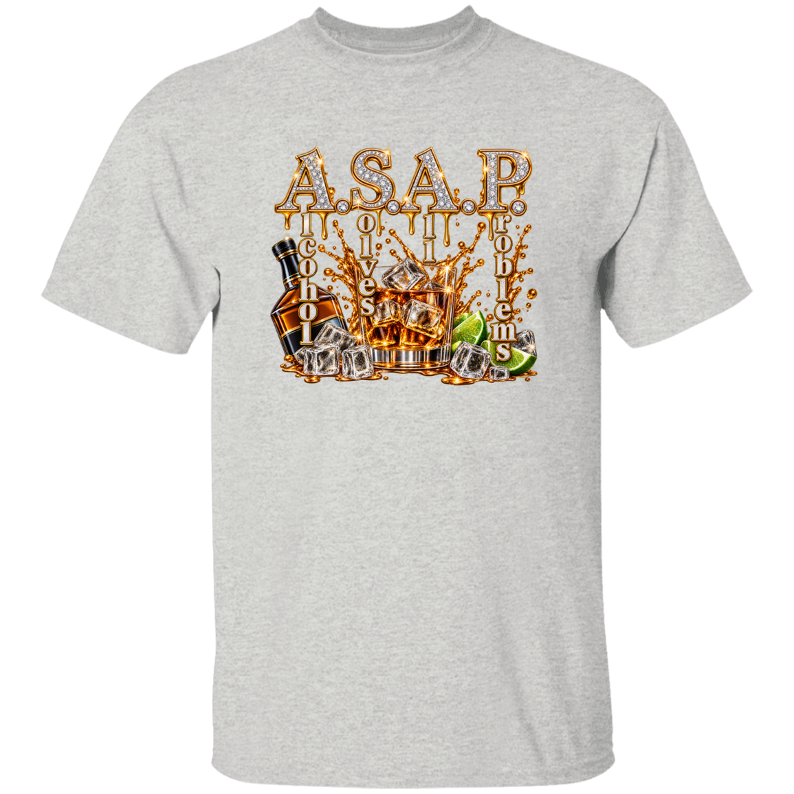 A heather gray short-sleeve crewneck t-shirt featuring a large graphic print on the front. The graphic displays the text 'ASAP' in a dripping beer-bottle style above a splash of amber liquid, ice cubes, a whiskey bottle, and a lime wedge.