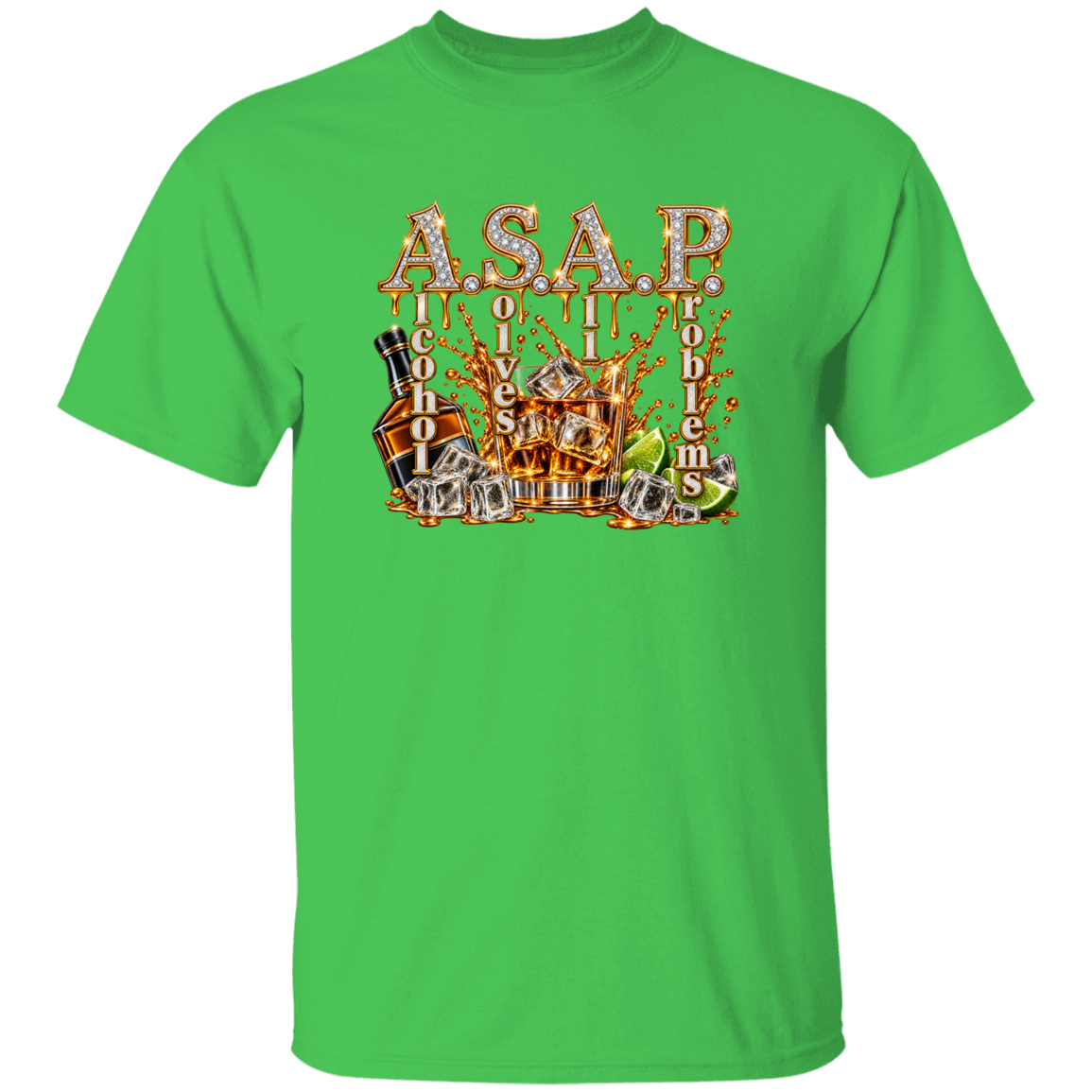 A bright green short-sleeve crewneck t-shirt featuring a large graphic print on the front. The graphic displays the text 'A.S.A.P. Alcohol Solves All Problems'