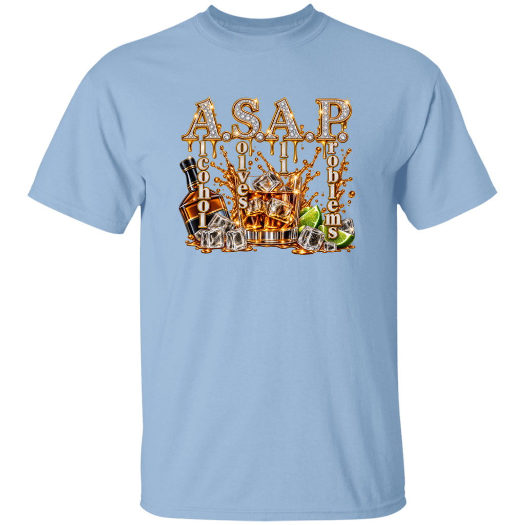A light blue short-sleeve crewneck t-shirt featuring a large graphic print on the front. The graphic displays the text 'ASAP PROBLEMS' in a dripping metallic gold font, accompanied by illustrations of an amber liquor bottle, ice cubes, and a lime wedge.