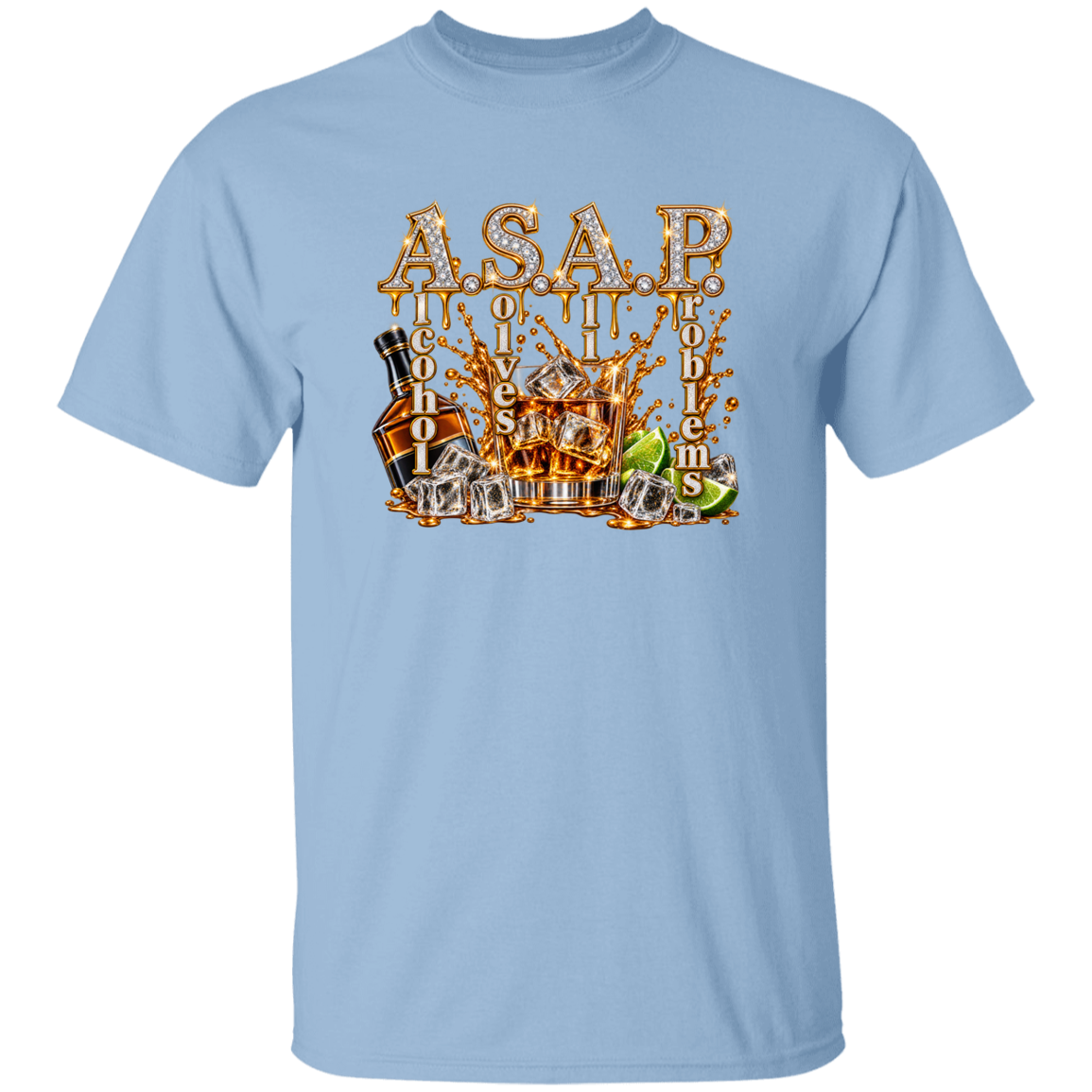 A light blue short-sleeve crewneck t-shirt featuring a large graphic print on the front. The graphic displays the text 'ASAP PROBLEMS' in a dripping metallic gold font, accompanied by illustrations of an amber liquor bottle, ice cubes, and a lime wedge.