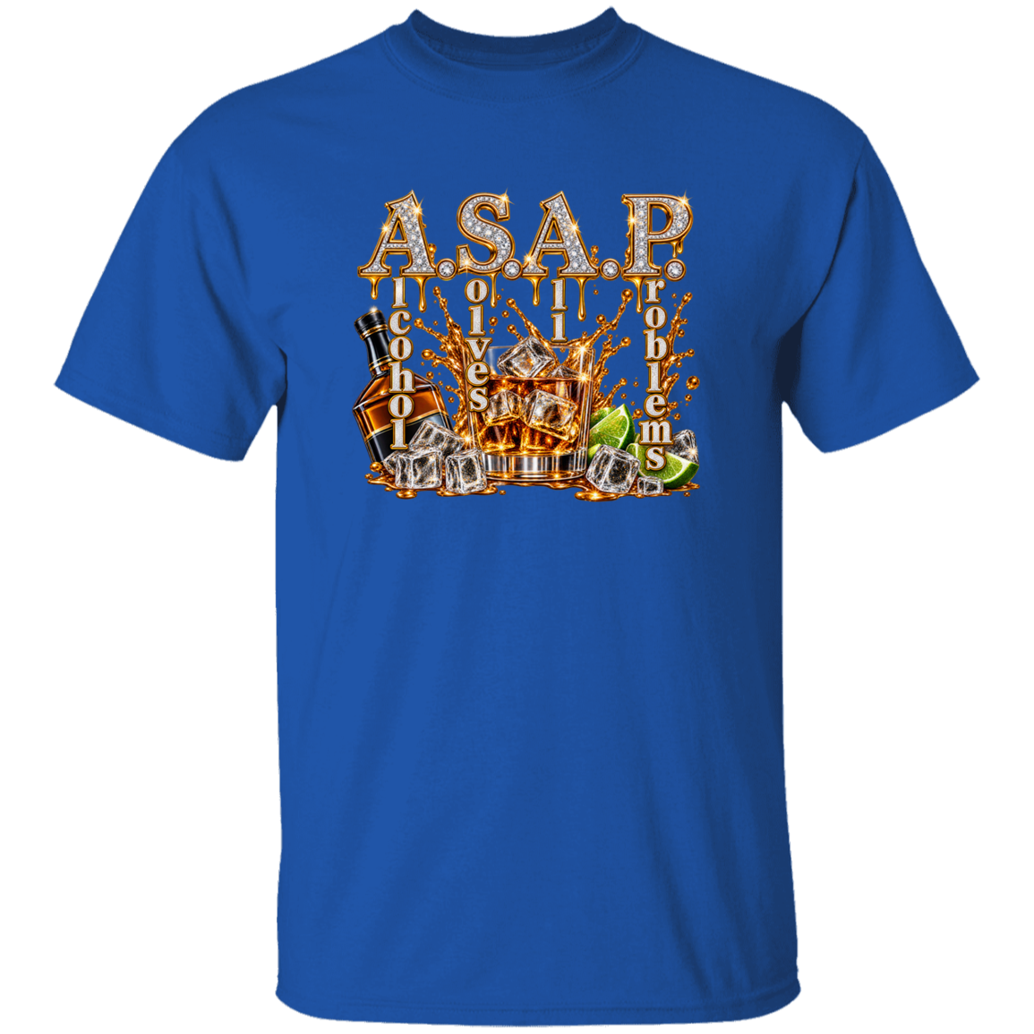 A royal blue short-sleeve crewneck t-shirt featuring a large graphic print on the front. The graphic displays the text 'A.S.A.P. Alcohol Solves All Problems