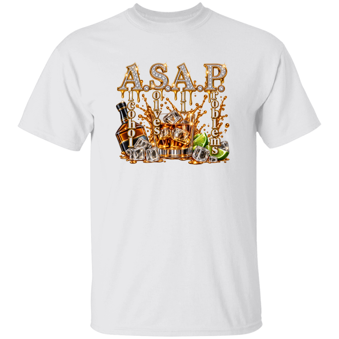 A white short-sleeve crewneck t-shirt featuring a large graphic print on the front. The graphic displays the text 'A.S.A.P  Alcohol Solves All Problems