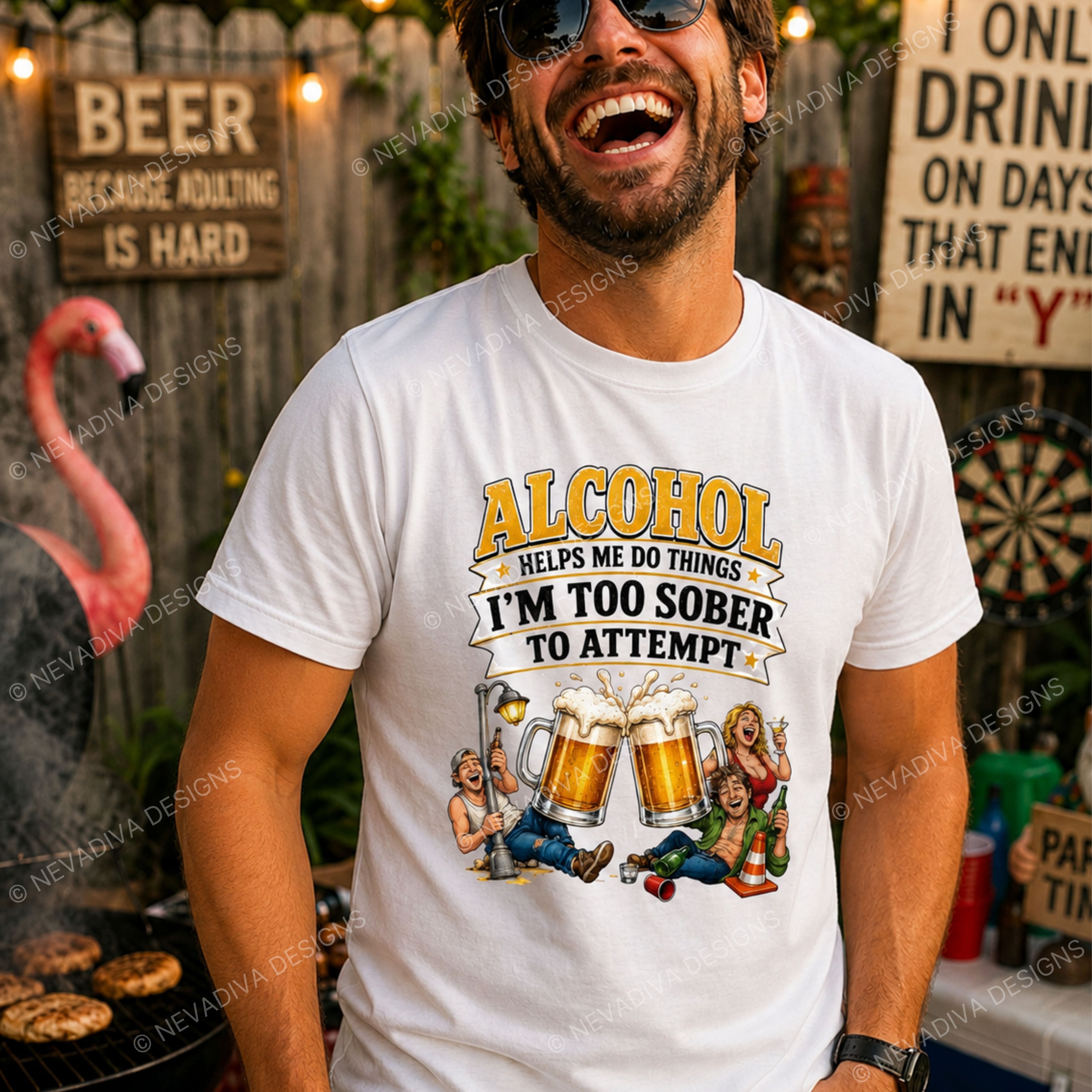 Man wearing a white t-shirt with an alcohol-themed graphic and text, standing outdoors.