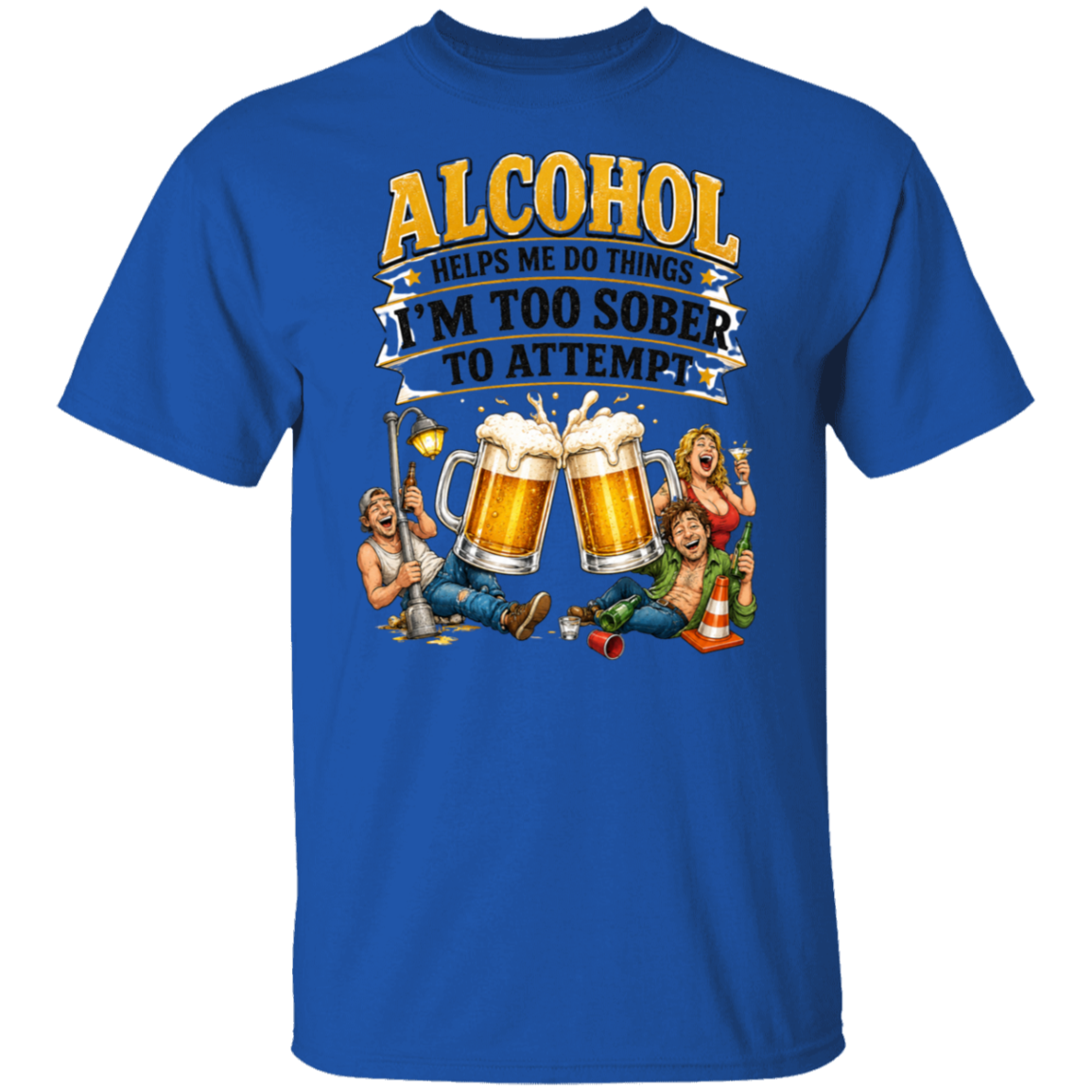 Blue t-shirt with humorous graphic and text about alcohol on a white background