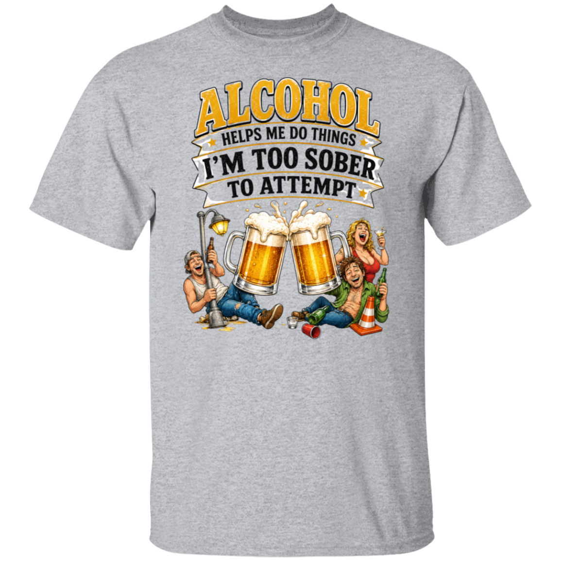 Gray t-shirt with humorous alcohol-themed graphic and text on a white background