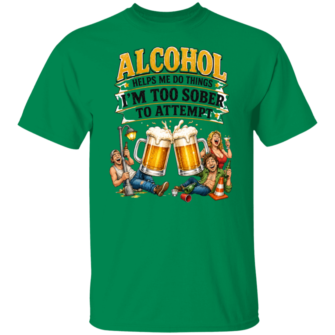 Green t-shirt with humorous graphic and text about alcohol on a white background