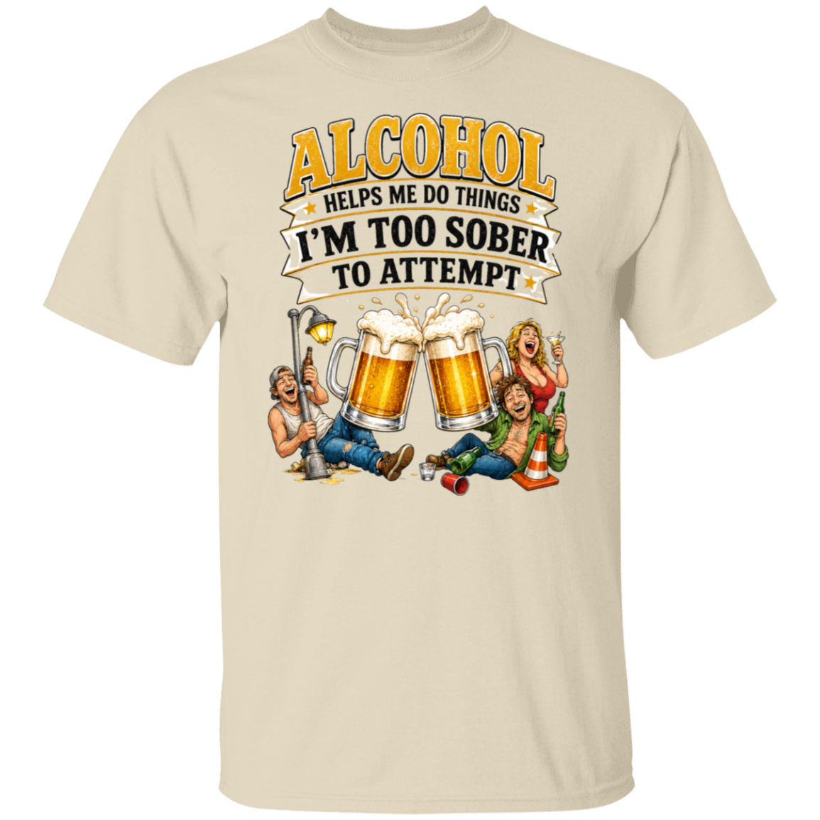 Beige t-shirt with humorous graphic and text about alcohol on a white background