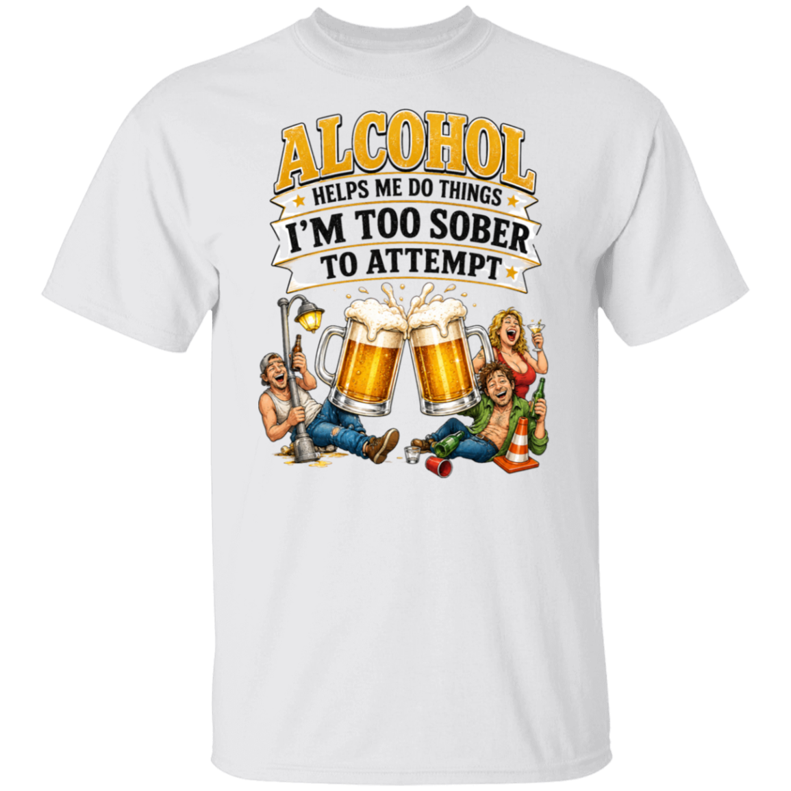 White t-shirt with humorous graphic and text about alcohol on a white background