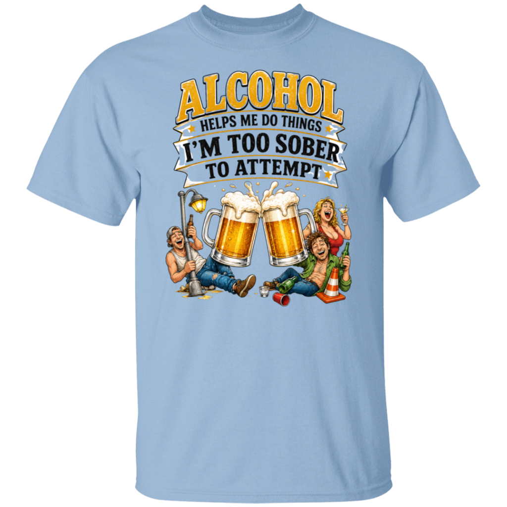Light blue t-shirt with humorous graphic and text about alcohol on a white background