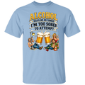 Light blue t-shirt with humorous graphic and text about alcohol on a white background