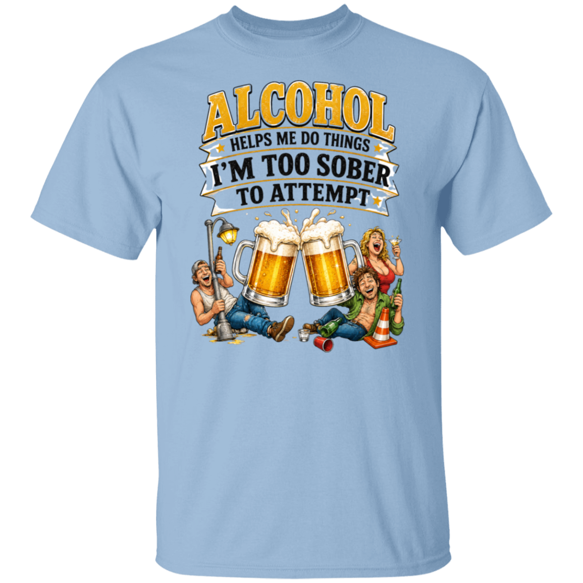 Light blue t-shirt with humorous graphic and text about alcohol on a white background