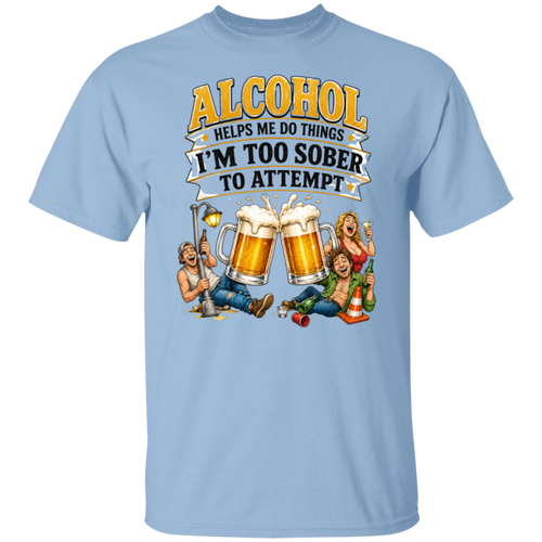 Light blue t-shirt with humorous graphic and text about alcohol on a white background