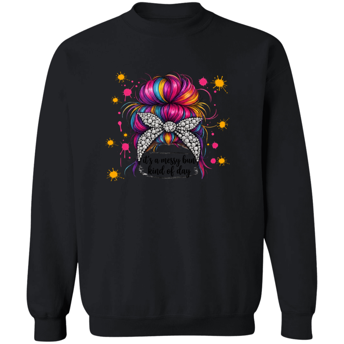 a black sweatshirt with a colorful bun design and text.