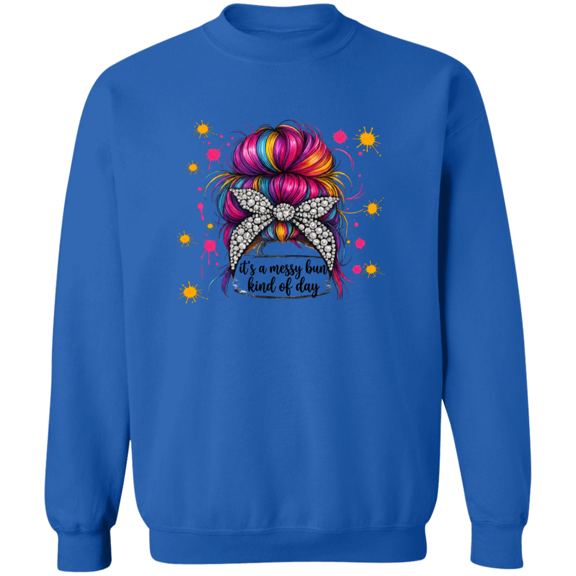 a Carolins blue sweatshirt with a colorful bun design and text.