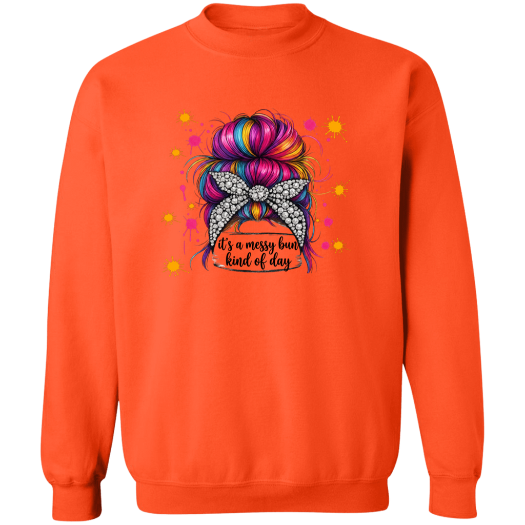 a orange sweatshirt with a colorful bun design and text.