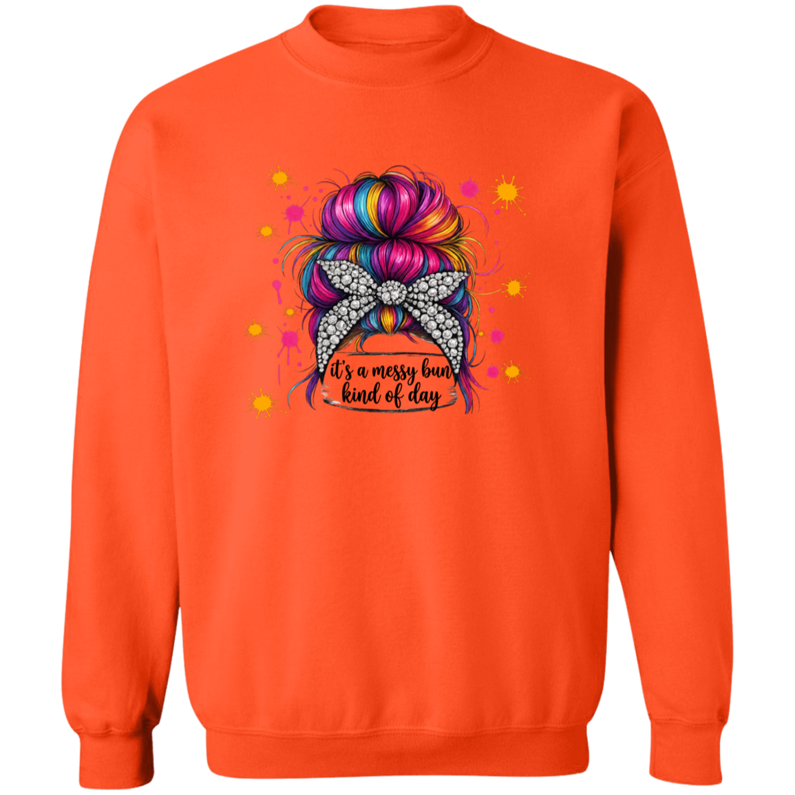 a orange sweatshirt with a colorful bun design and text.