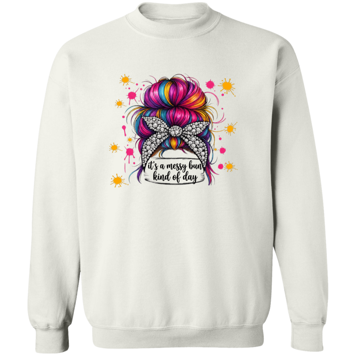 a white sweatshirt with a colorful bun design and text.