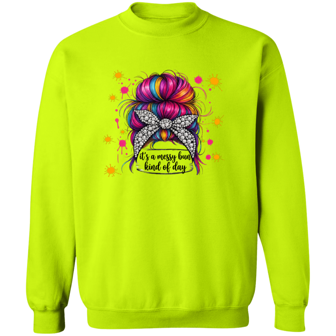 a helliconia sweatshirt with a colorful bun design and text.